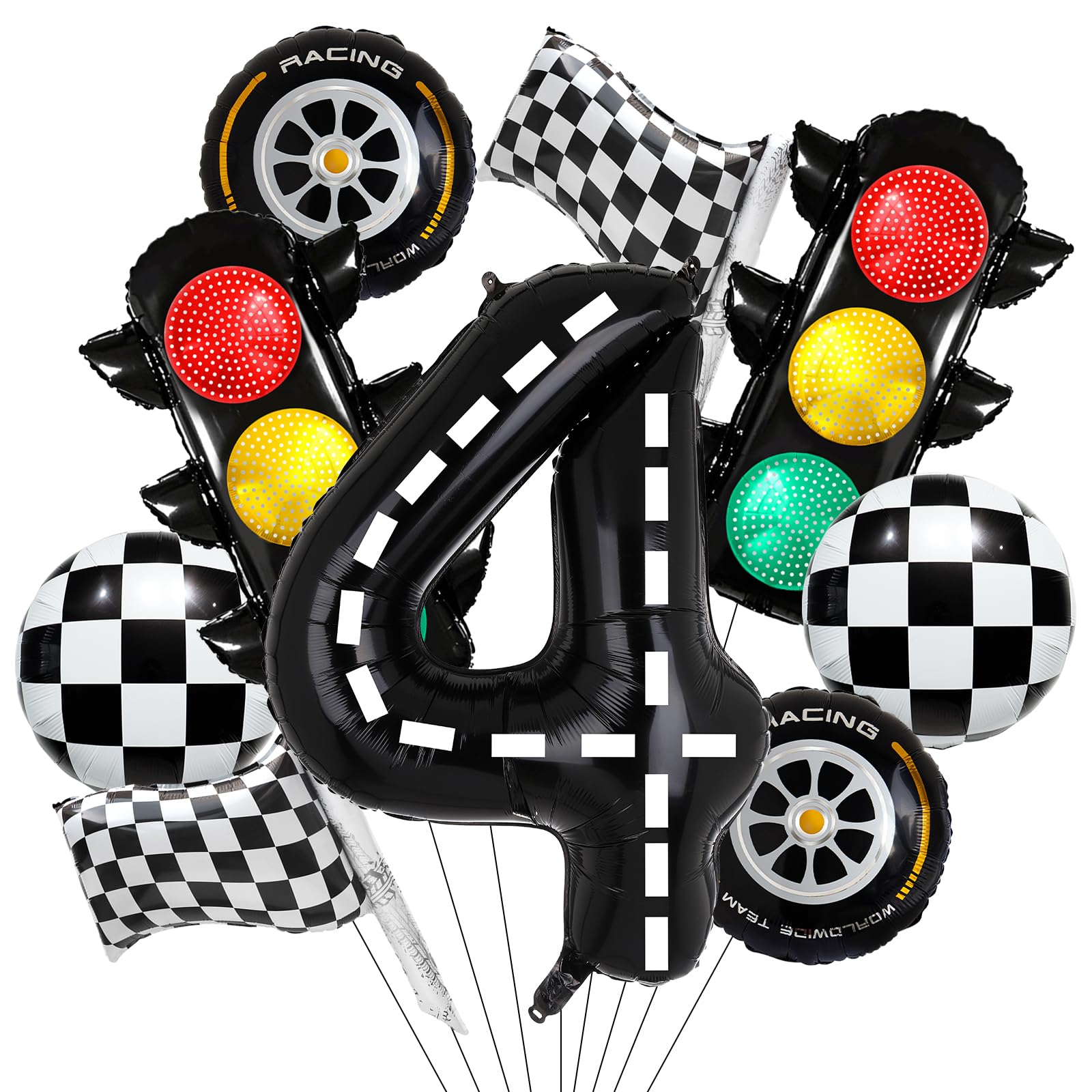 9Pcs Traffic Light Balloons, Black and white Check Racing Theme Balloons for Kids 4th Birthday Party Supplies Decorations
