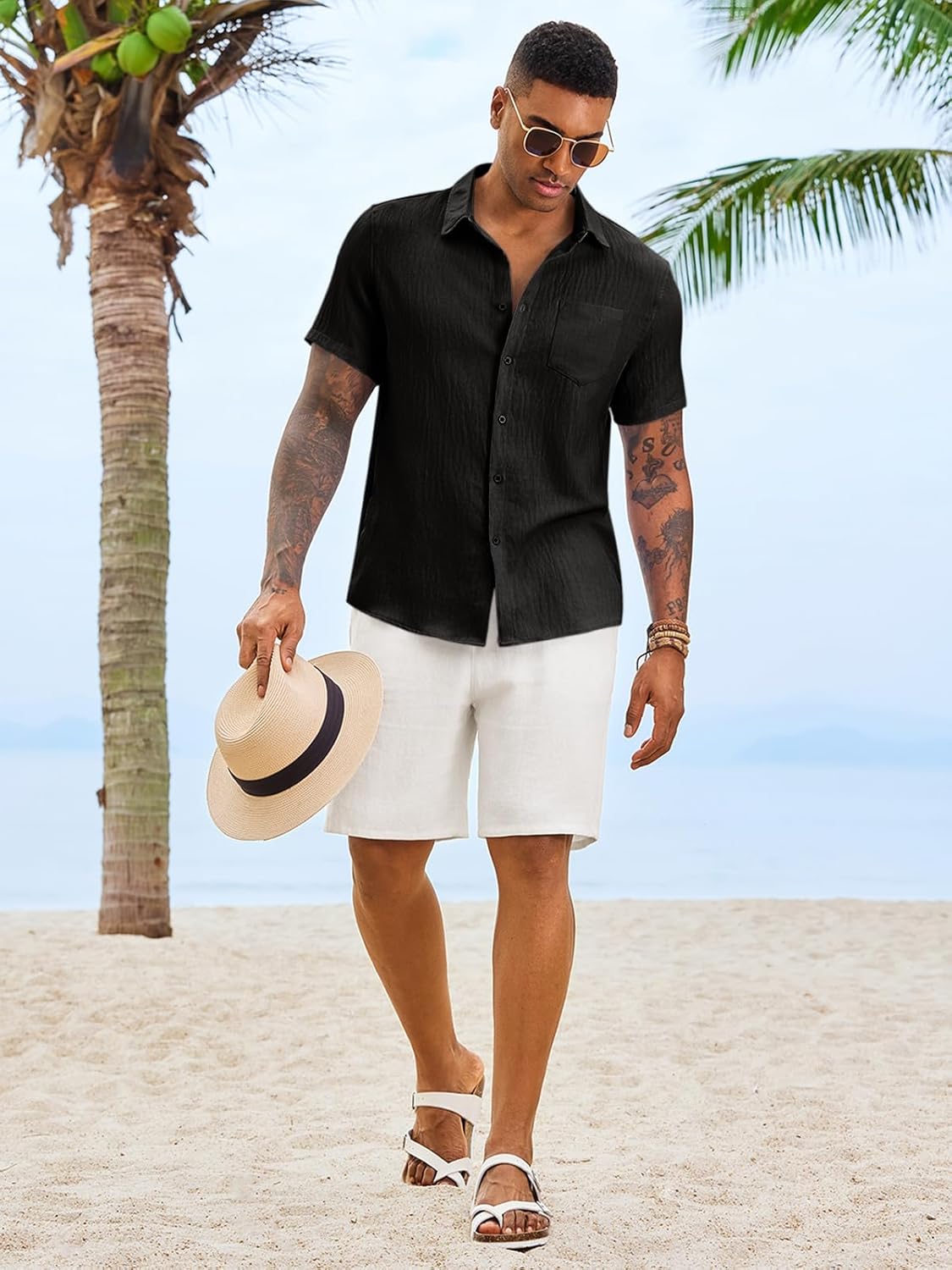 Runcati Mens Button Down Shirts Casual Short Sleeve Linen Shirt Summer Beach Textured Tops with Pocket - Image 5