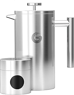 Coffee Gator 304 Grade Stainless Steel French Press Coffee Maker 34 oz, Double Wall Insulated Teapot with 4-Level Filtration System, Include Travel Jar Canister, Rust-Free, Dishwasher Safe, Silver