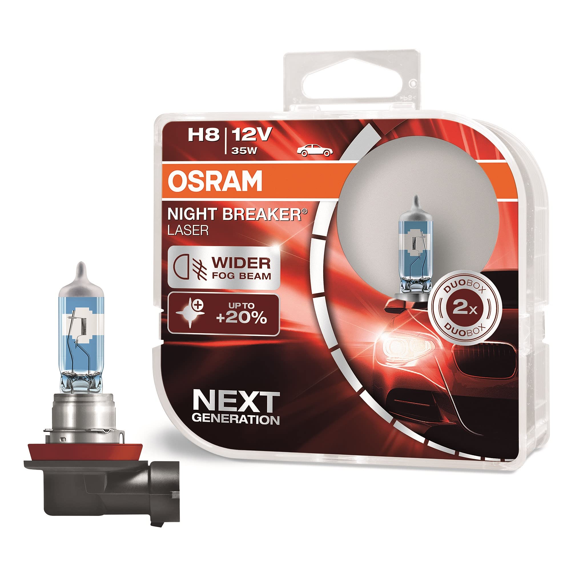 OSRAM NIGHT BREAKER LASER H8, +150% more brightness, halogen headlight lamp, 64212NL-HCB, 12V, duo box (2 lamps)
