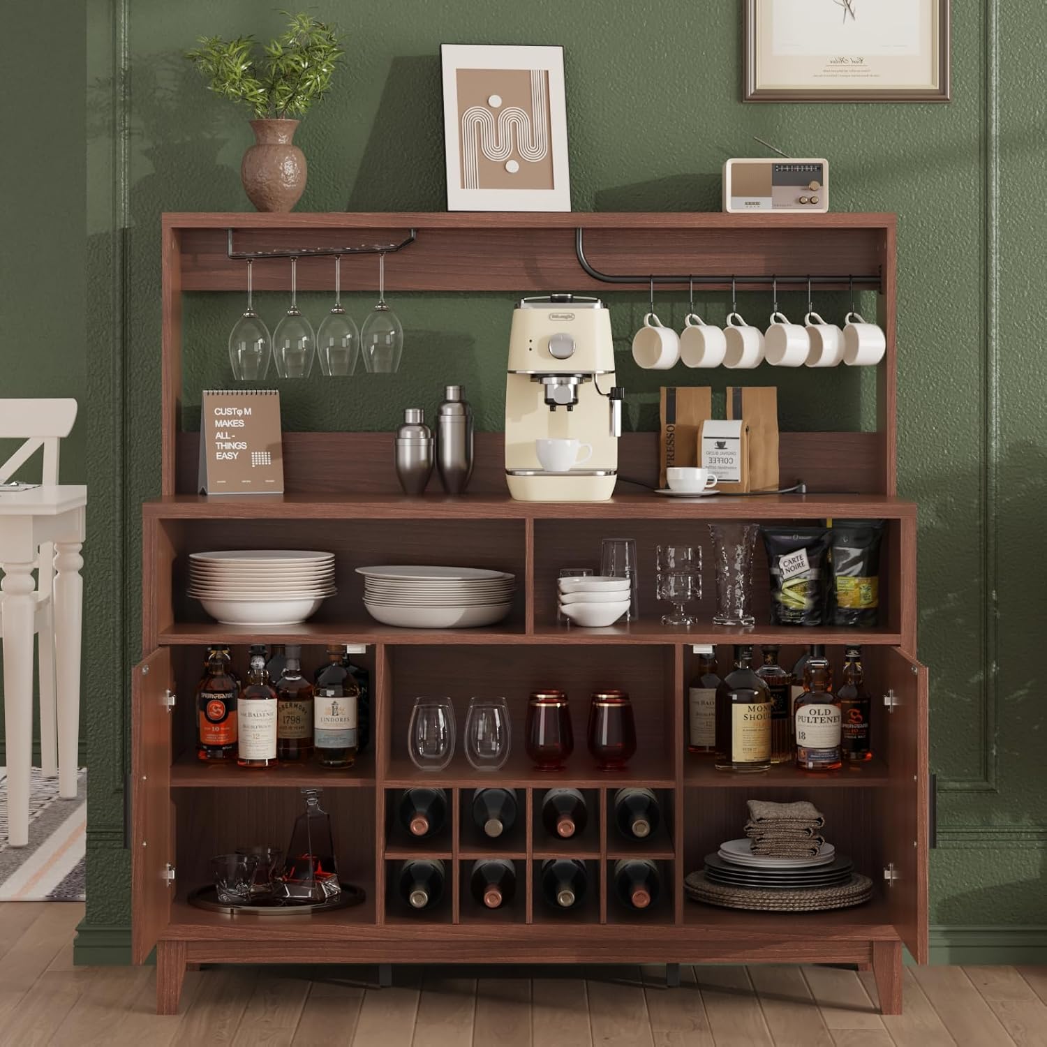 FiveWillowise Fluted Buffet Cabinet with Storage, Modern Coffee Bar Cabinet with Outlet, Removable Wine Rack, Multi-Functional Accent Liquor Cabinet for Living Room, Entryway, Kitchen, Walnut