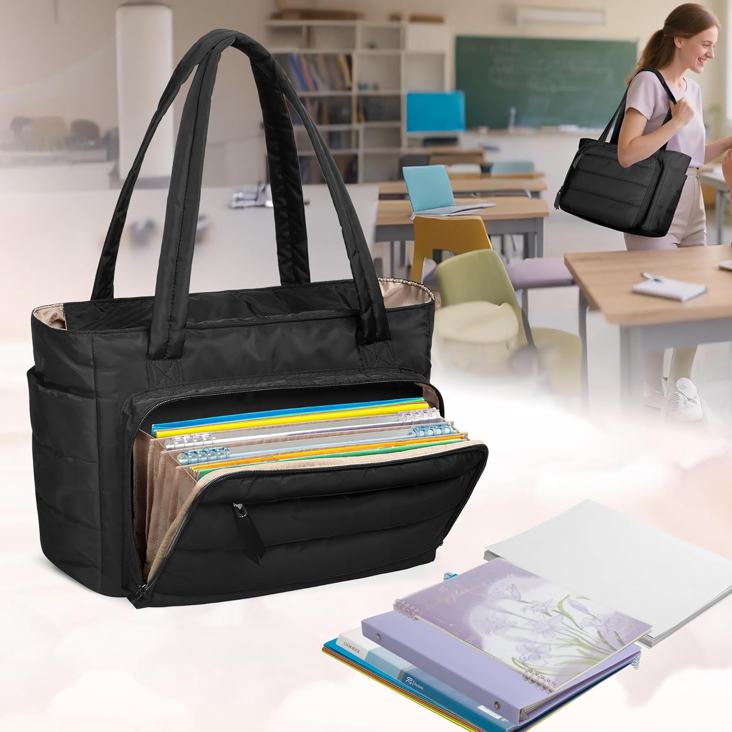 Yarwo Puffy Teacher Tote Bag for Women, Lightweight 15.6 inch Laptop Bag with Accordion File Organizer Pocket and Cup Holder - Image 7
