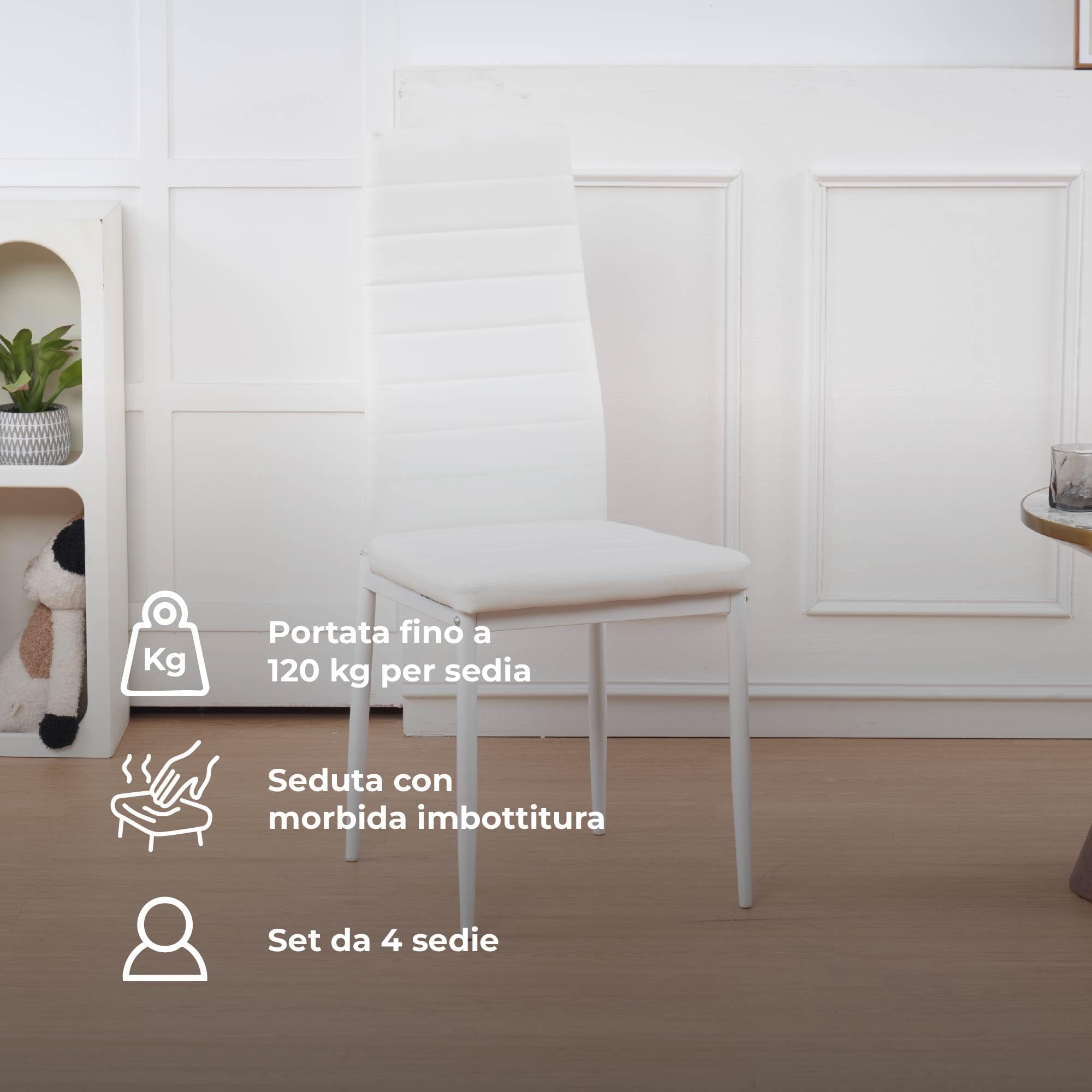 IlGruppone Set Sedie e Tavolo da Pranzo con Ripiano in Vetro Temperato e Sedia Imbottite in Similpelle Nera Design Moderno, 4 o 6 Posti Ideale per Cucina o Soggiorno - Bianco - 4 Posti