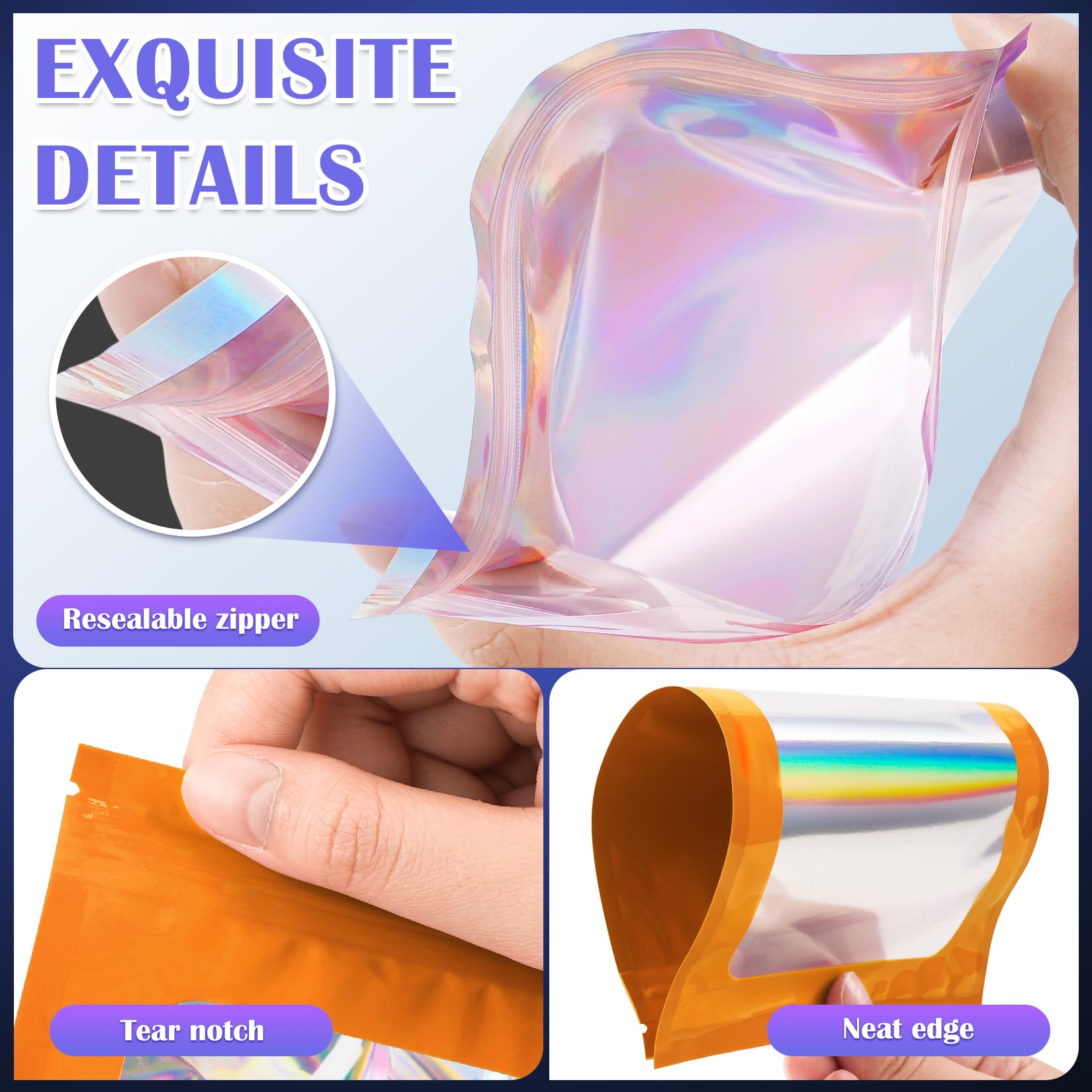 JETMORE 300 bolsas de Mylar, bolsas de aluminio a prueba de olores, bolsas holográficas resellables para pequeñas empresas, bolsas de joyería de muestras de caramelos, embalaje sellable para