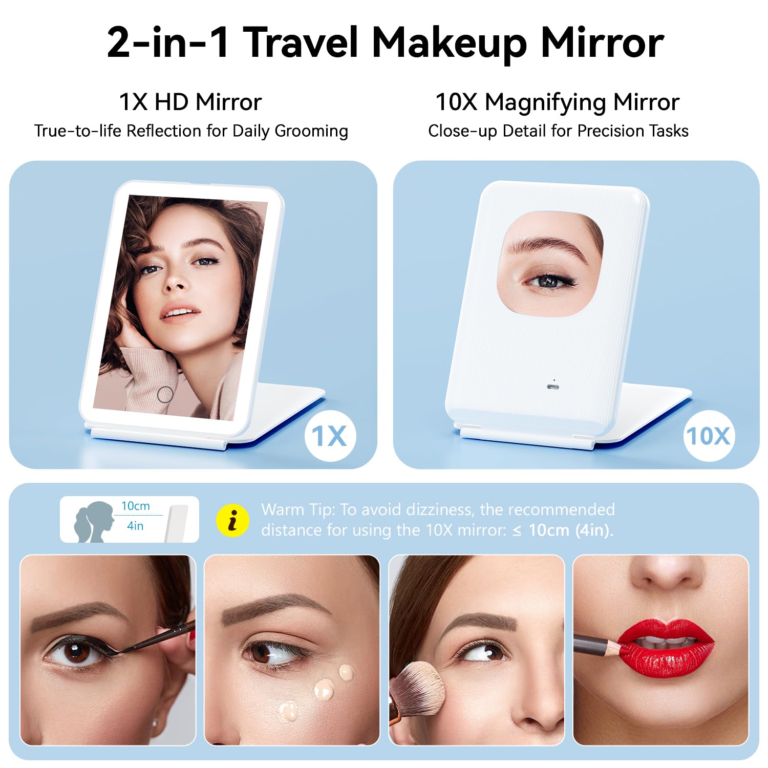 2-in-1 Travel Makeup Mirror with 1x and 10x magnification