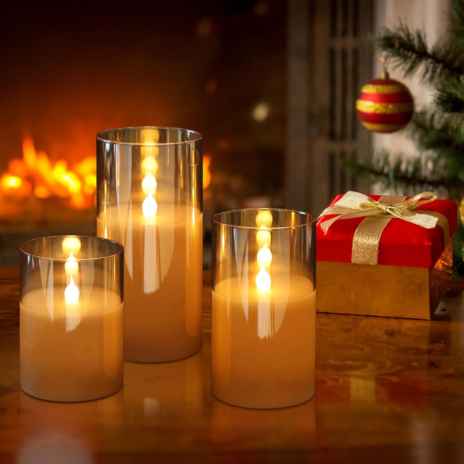KunSween Glass Battery Operated LED Flameless Candles with Remote and Timer, Real Wax Candles Warm Color Flickering Light for Festival Wedding Home Party Decor(Pack of 3, 3" x 4" 5" 6" )-Gold