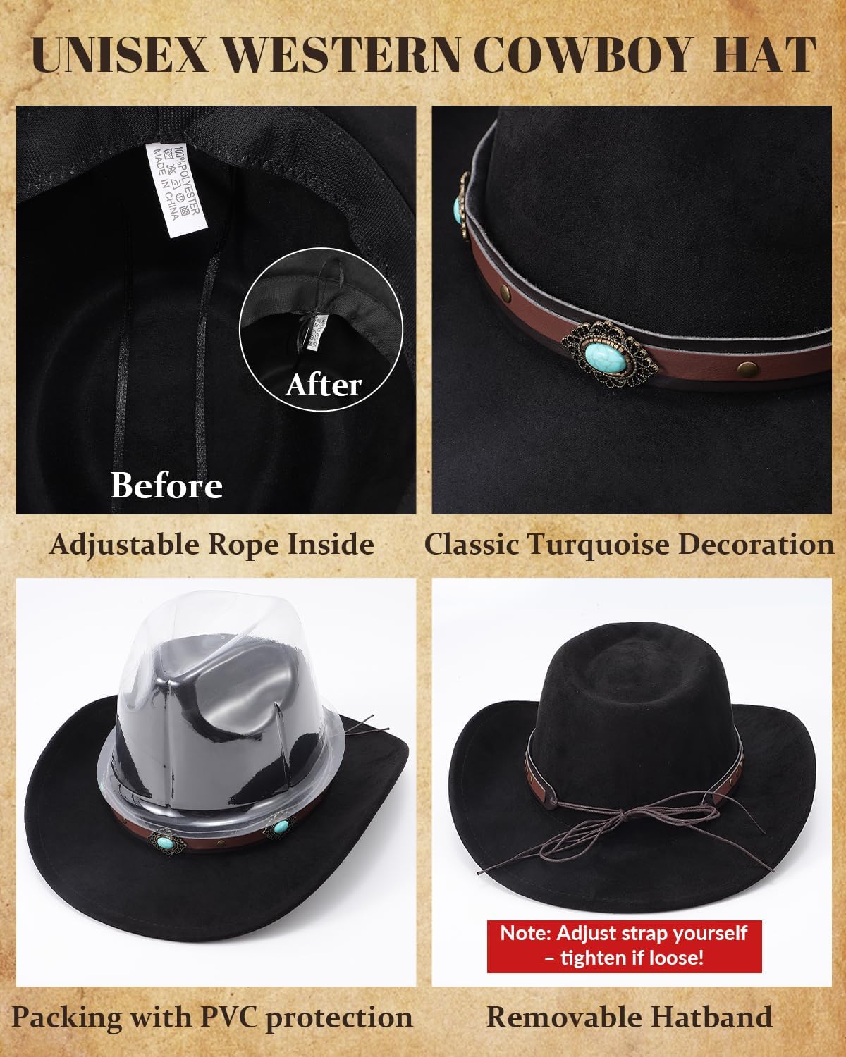 Cowboy Hat for Men Women Classic Cowgirl Hat Wide Brim Western Women Mens Cowboy Hats Christmas Cowgirl Hats Gifts - Image 4
