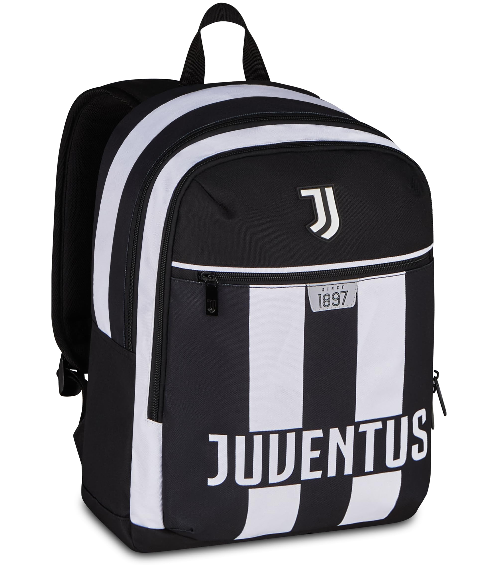 Seven Plecak szkolny z podwójną kieszenią Juventus, czarny, 26 l, kieszeń przednia, kieszeń boczna na butelkę z napojami, do szkoły podstawowej i średniej, dla dzieci i młodzieży, piłka nożna