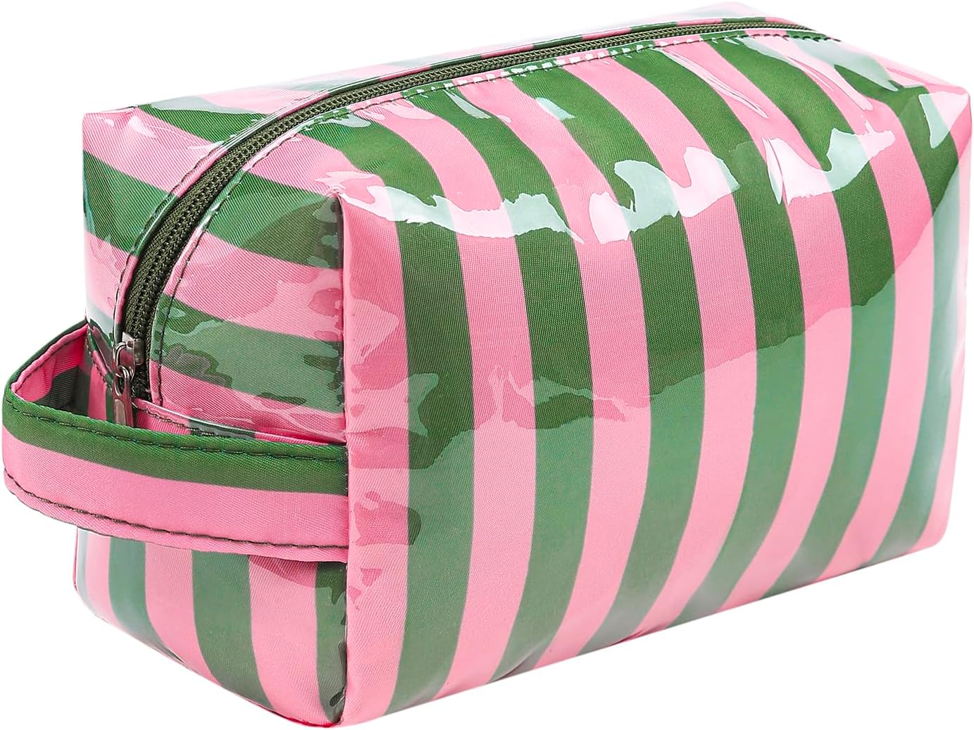 PVC Striped Makeup Bag,Easy to Clean,Waterproof Clear Coated Cosmetic Bag,Cute Travel Organizer Zipper Pouch for Beach Vacation Essentials(02Green Pink)