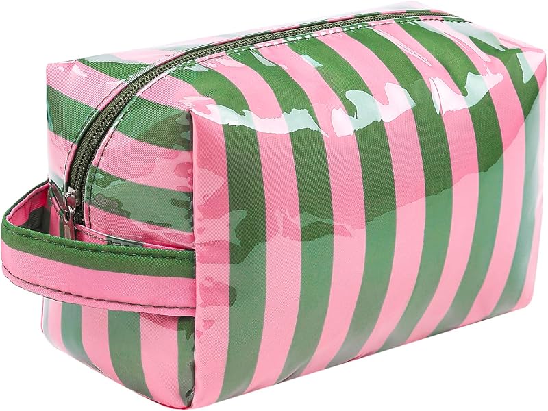 Necessaire de maquiagem Lestikave em poliéster com revestimento de PVC, listrada, 02Green Pink