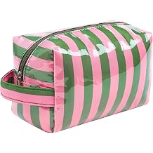 PVC Striped Clear Coated Waterproof Makeup Bag(02Green Pink)