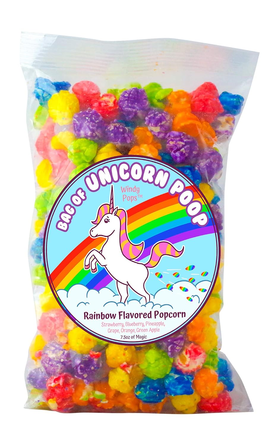 Bag of Unicorn Poop - Windy Pops Rainbow Flavored Popcorn - 7.5 Oz Bag of Glazed Popcorn Treat - Funny Gag Gift for Unicorn Lovers
