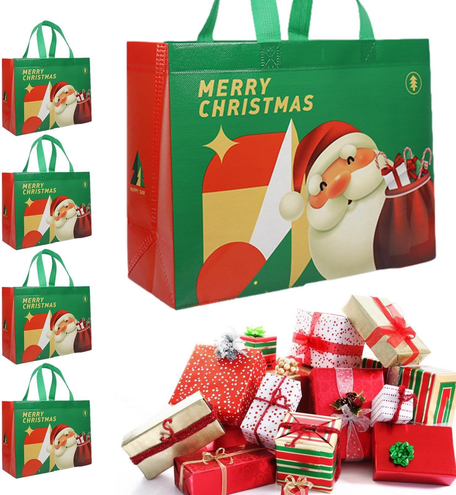 Reusable Christmas Gift Bags - 5 Pcs Christmas Tote Bag Handbag With Handles | Christmas Goody Bags, Portable Reusable Treat Bags For Gifts Wrapping, Travel And Holiday Shopping Soptec