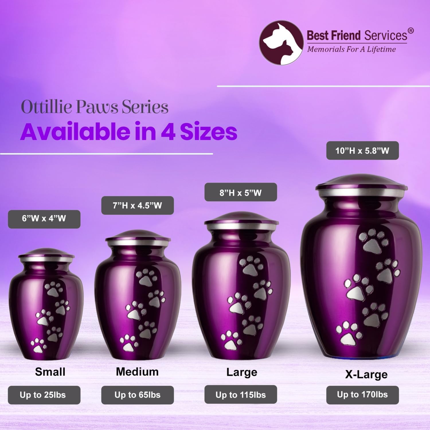Ottillie Paws Legacy Series Pet Urn for Dogs, Handmade Aluminum Memorial Cremation Urn (Medium - Pets up to 65 lbs, Deep Violet, Vertical Pewter Paws)