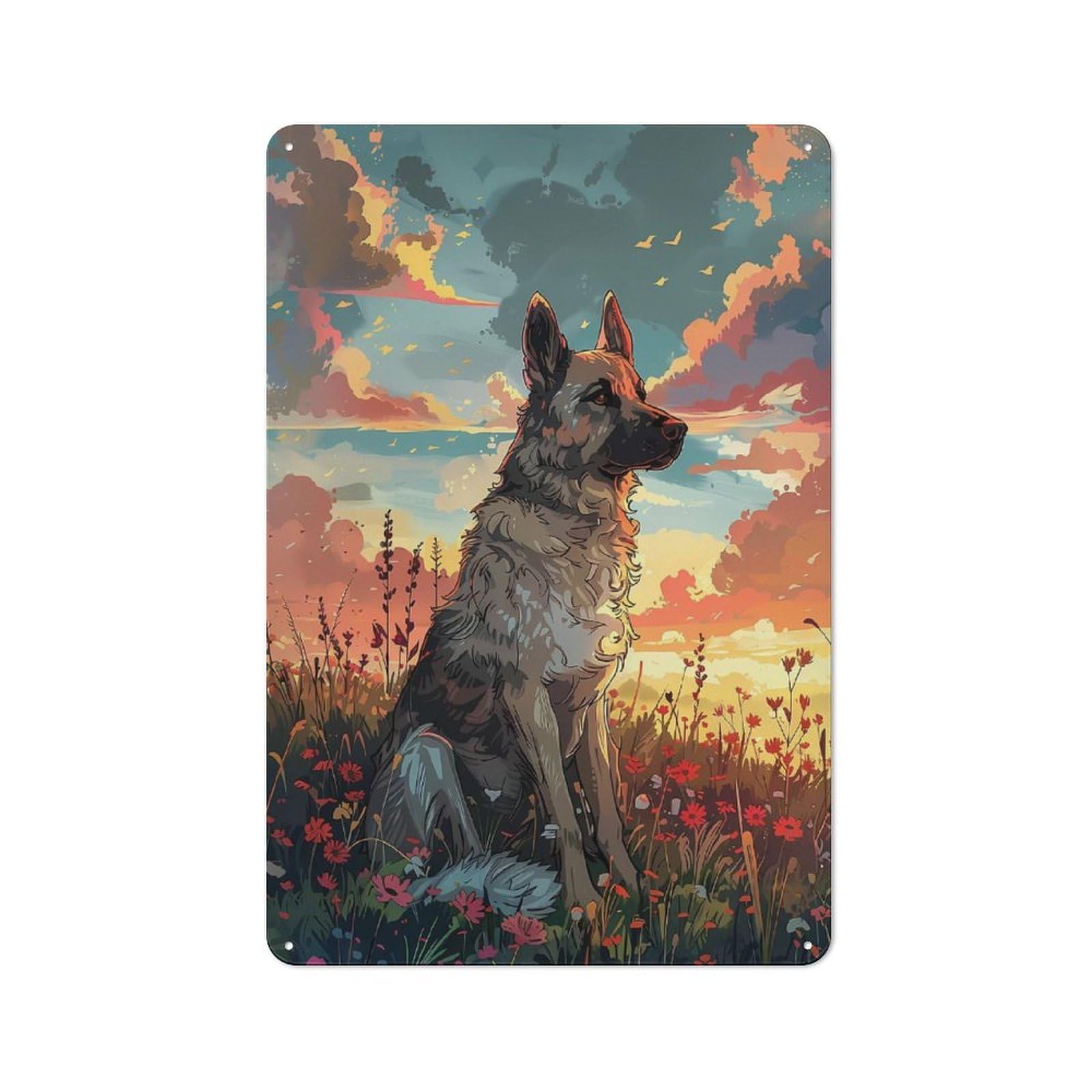 German Shepherd Sunset Decorative Metal Sign 30x20cm, Understated Studio Wall Plaque for Hobby Room, Office, Lounge Or Living Room