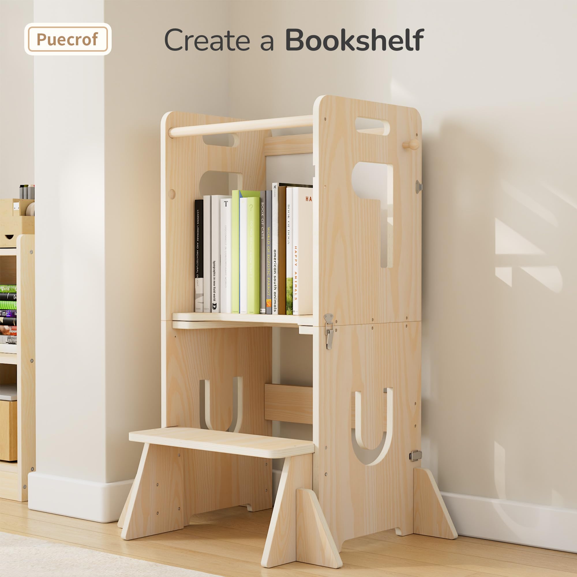 Lernturm für Kinder, klappbarer 3-in-1 Küchenhelfer Tritthocker aus Holz mit Kreidetafel, mit Sicherheitsbügel, ab 18 Monaten