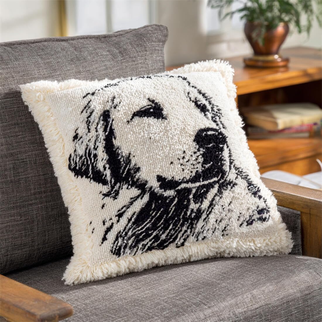 Kitquiver Animal Latch Hook Craft Kits Cartoon Golden Retriever DIY Tapestry Throw Pillow Cover Needlepoint Cushion Kits for Home Décor Needlework Kit for Beginners 17x17In