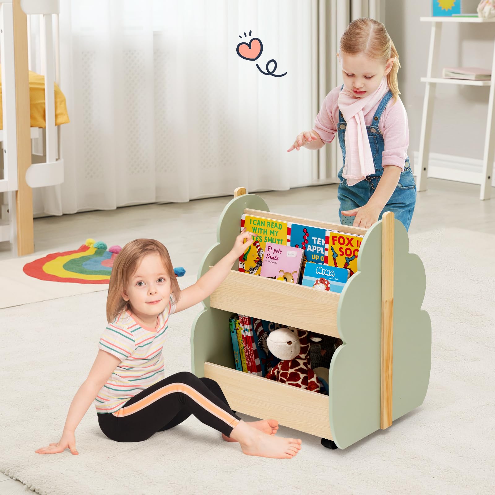 HOMASIS Libreria Montessoriana per Bambini con 2 Scomparti, Scaffale per Bambini in Legno con 4 Ruote, Cassapanca Portaoggetti per Camera dei Bambini, Sala Giochi e Asilo (Verde)