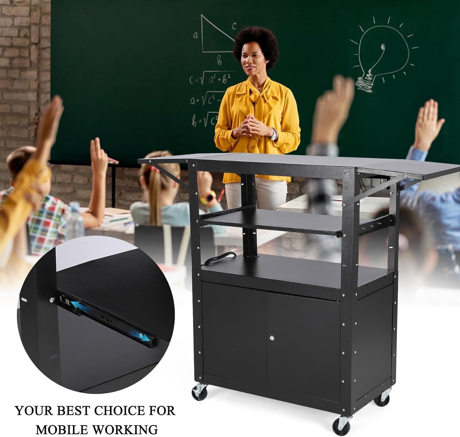 Rolling AV Cart with Locking Cabinet, Laptop Stand, and Drop Leaves, Height Adjustable Mobile Utility Cart Workstation with Extra Storage Space, Power Strip