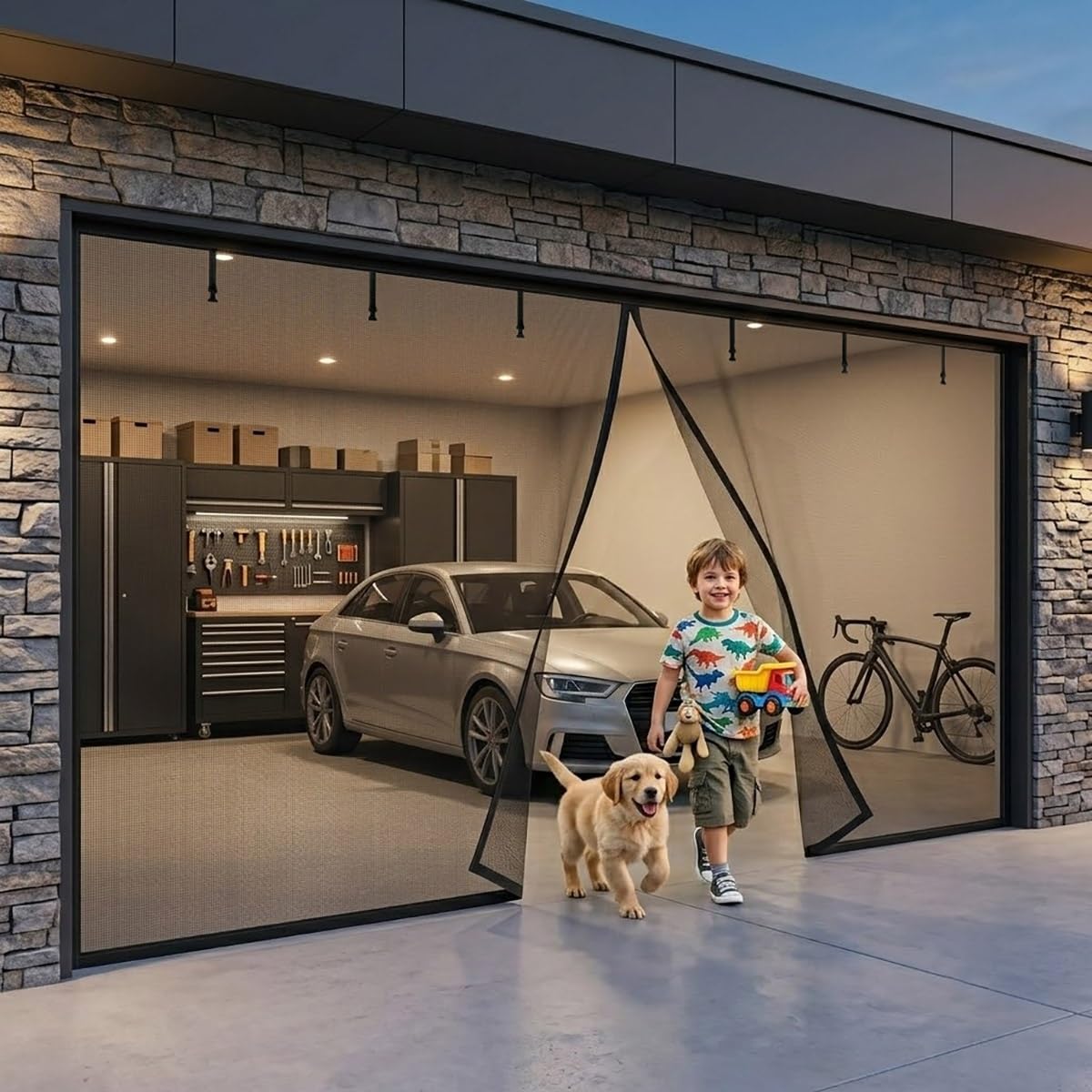 Retractable Garage Door Fly Screen Magnetic Closure Insect Mesh, for Patio