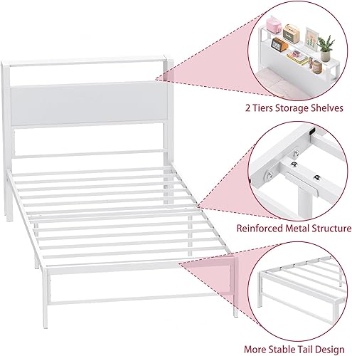 Miniatura 7 de Weehom Marco de cama individual para niños, cama de tamaño individual con 2 niveles de estantes de madera, cabecero, no necesita somier, fácil