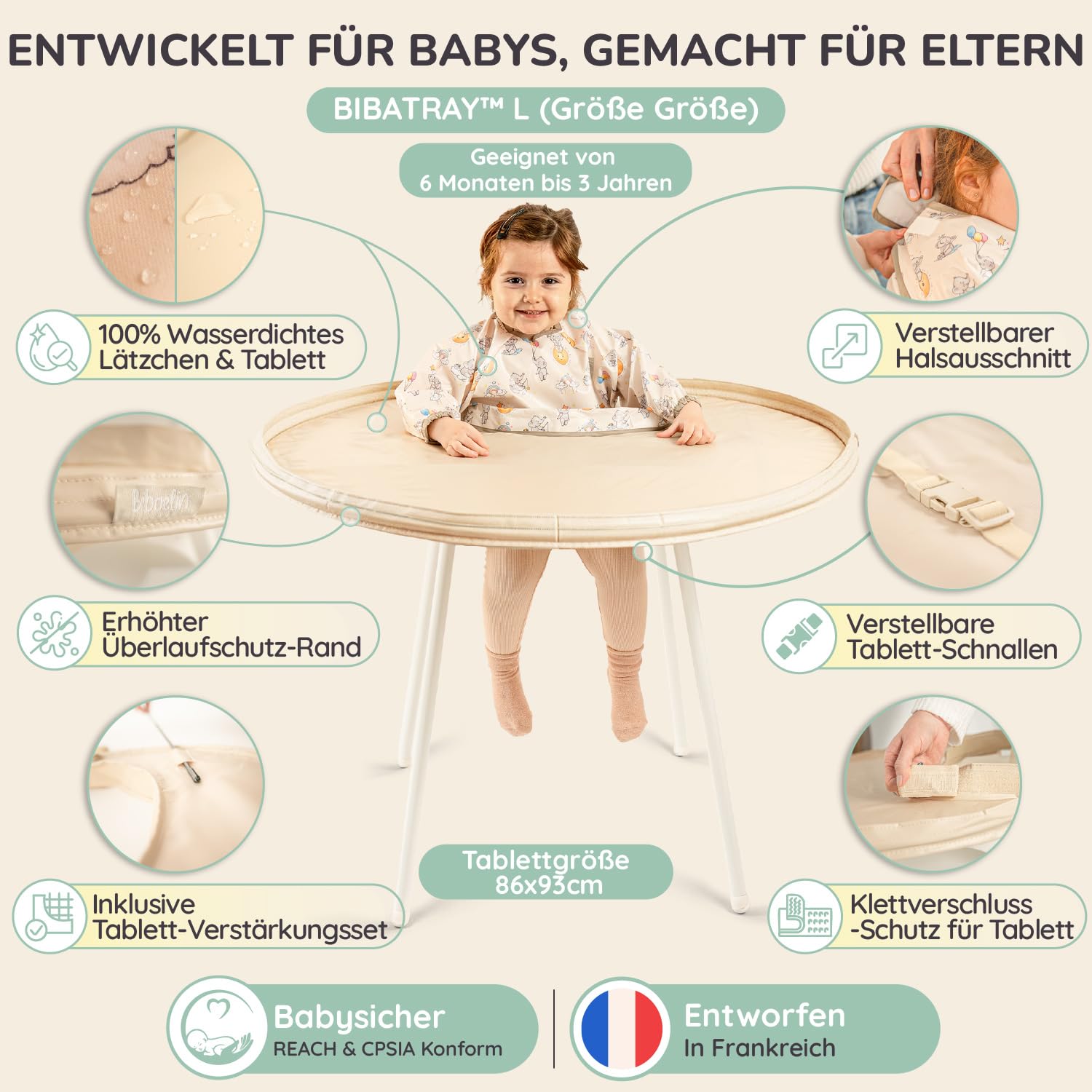 BIBATRAY™ L – Extra Großes Breifrei/BLW Beikost-Tablett & Ärmellätzchen-Set – Wasserdichte Ganzkörper-Schürze – Universeller Hochstuhl-Schutz – Kompatibel mit IKEA Antilop – Ab 6 Monate