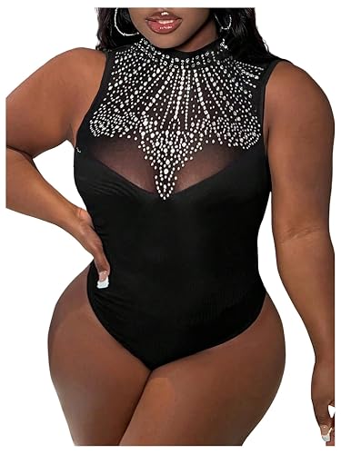 WDIRARA Women's Plus Size Sparkly Rhinestone Tank Bodysuit Party Mock Neck Sleeveless Body Suit - 4X-Large Plus - Black