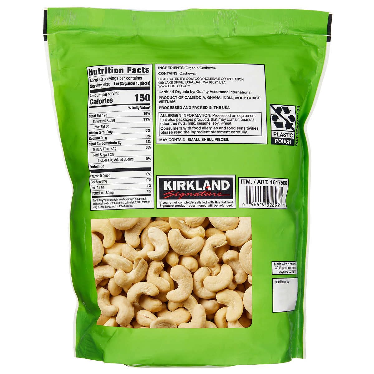 Kirkland Signature Organic Whole Cashews Unsalted Unroasted, 40 Ounce