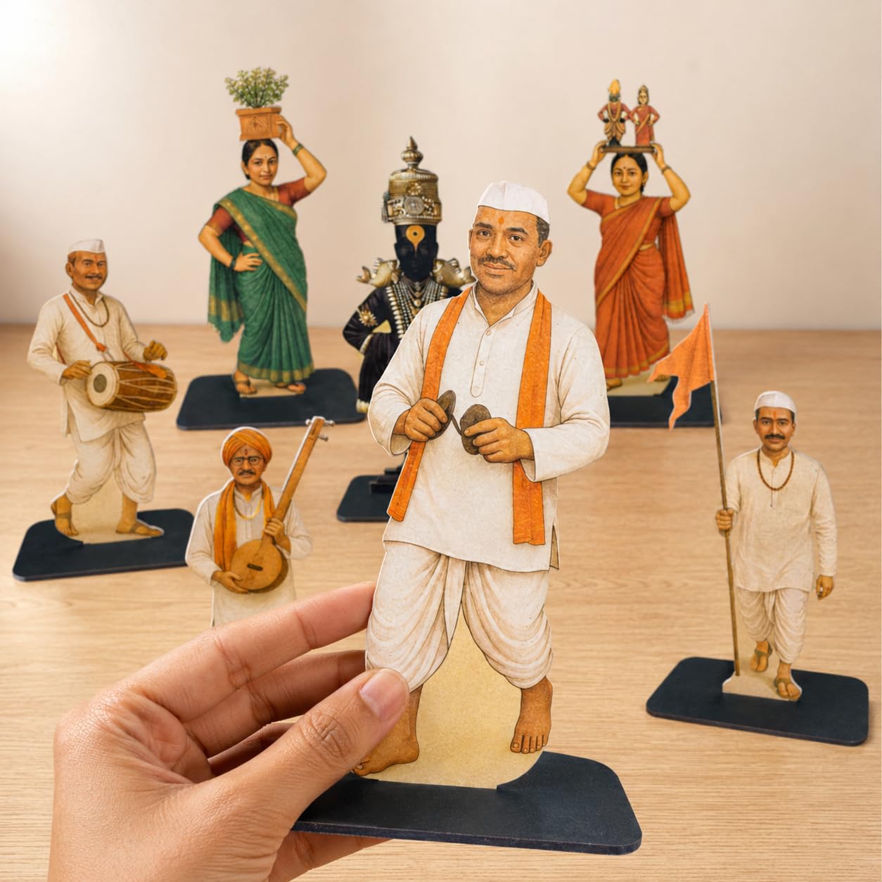 Craft House Vitthoba Che Varkari MDF Tabletop Standee Set (8 Inch) | 7 Piece Varkari Dindi Decoration Kit with Vitthal Idol | Ashadhi Ekadashi, Wari, Gauri Ganpati & Puja Room Decor-image-2
