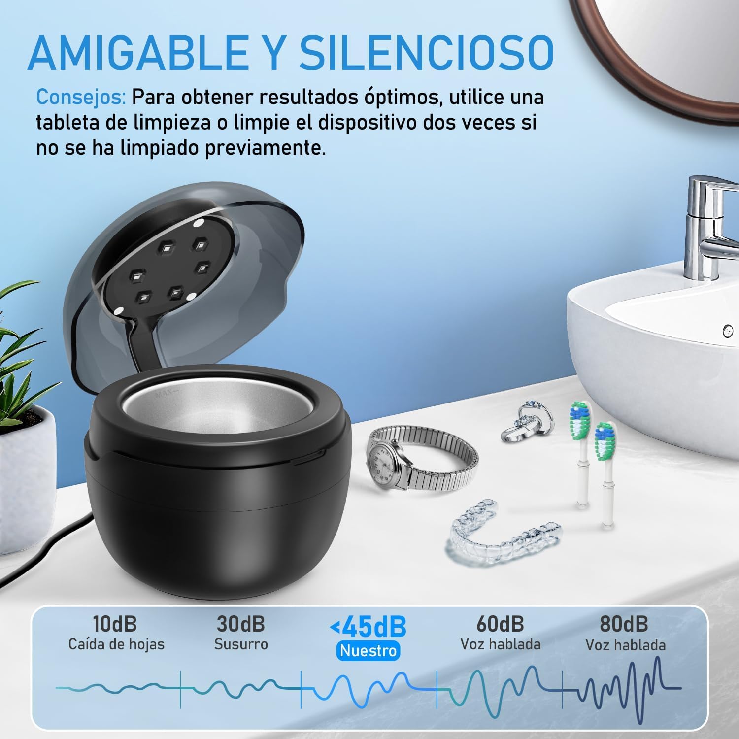Limpiador Ultrasonidos, 50.000 Hz Limpiador Ferula Dental, 250 ml Ultrasonidos Limpieza, Ultrasonic Cleaner con 6 Lámparas UV para Retenedor, Fundas, Retainer, Dientes Postizos, Plata Joyas