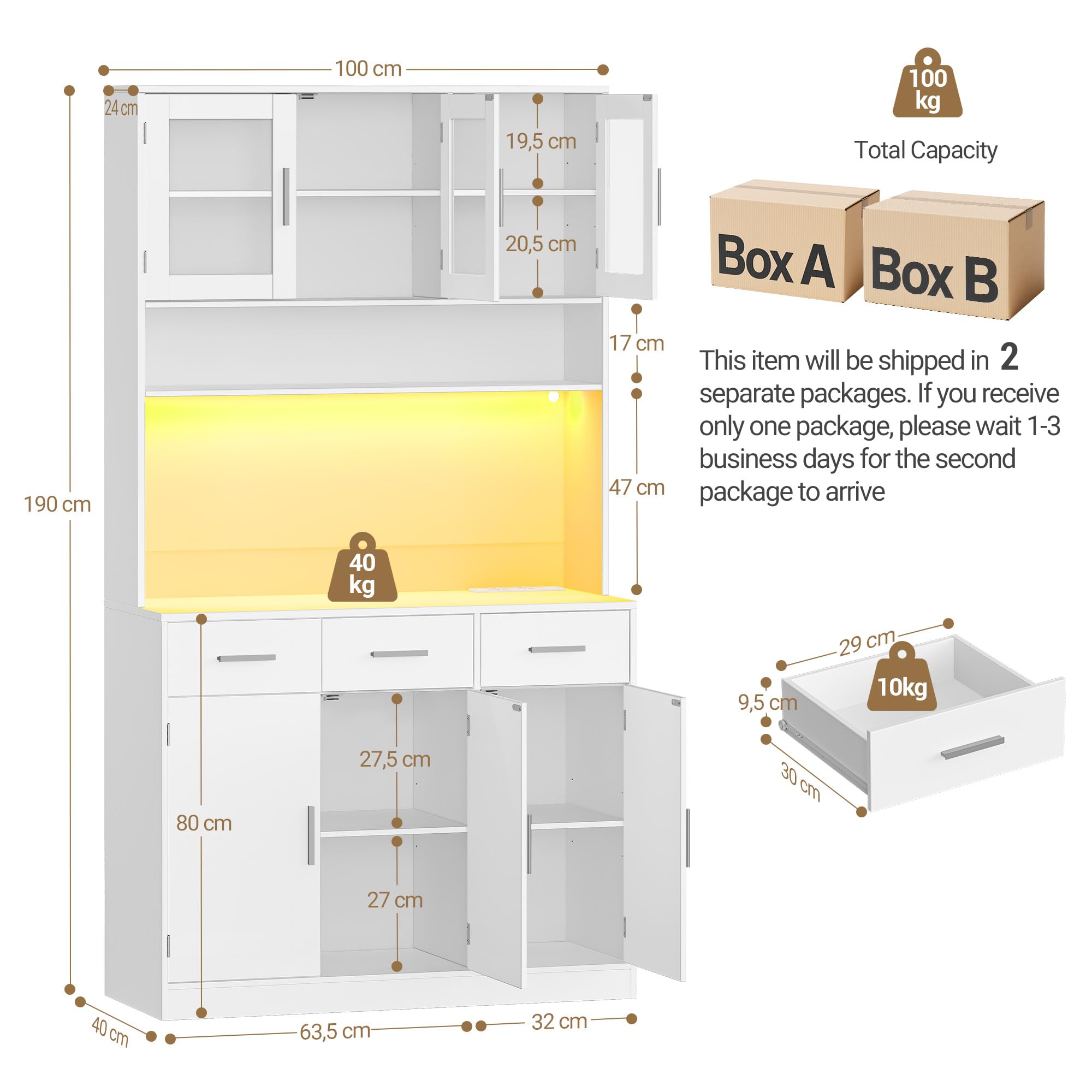 Hzuaneri Buffetschrank, Küchenschrank mit 3 Schubladen, Hochschrank | mit Steckdosenleiste und LED, 3 Schranktüren mit Glasfront, Küche, Wohnzimmer, 40 x 100 x 190 cm, Weiß, PT10103XEU