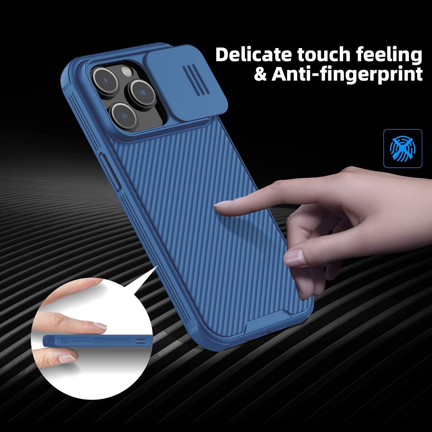 Nillkin for iPhone 14 Pro Max Phone Case with Sliding Camera Cover, [Full Around Protection], [Anti-Fingerprint], [Carbon Fiber Texture Anti-Scratch], Slim Shockproof Protective 6.7", Blue