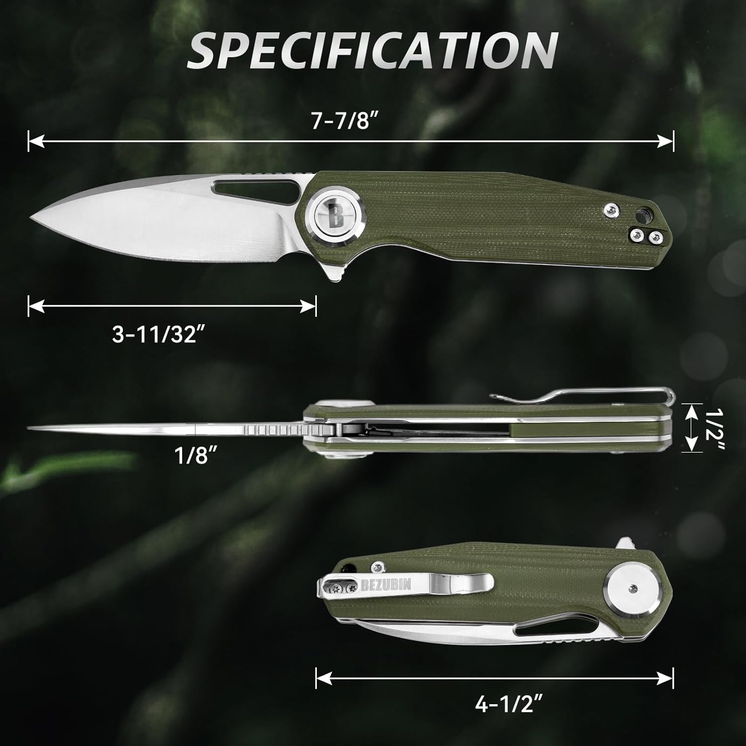 Pocket Folding Knife,3.15" D2 Steel Blade,Green G10 Handle,Push Button Lever Lock,Pocket Knife with Pocket Clip for Outdoor,Survival,EDC