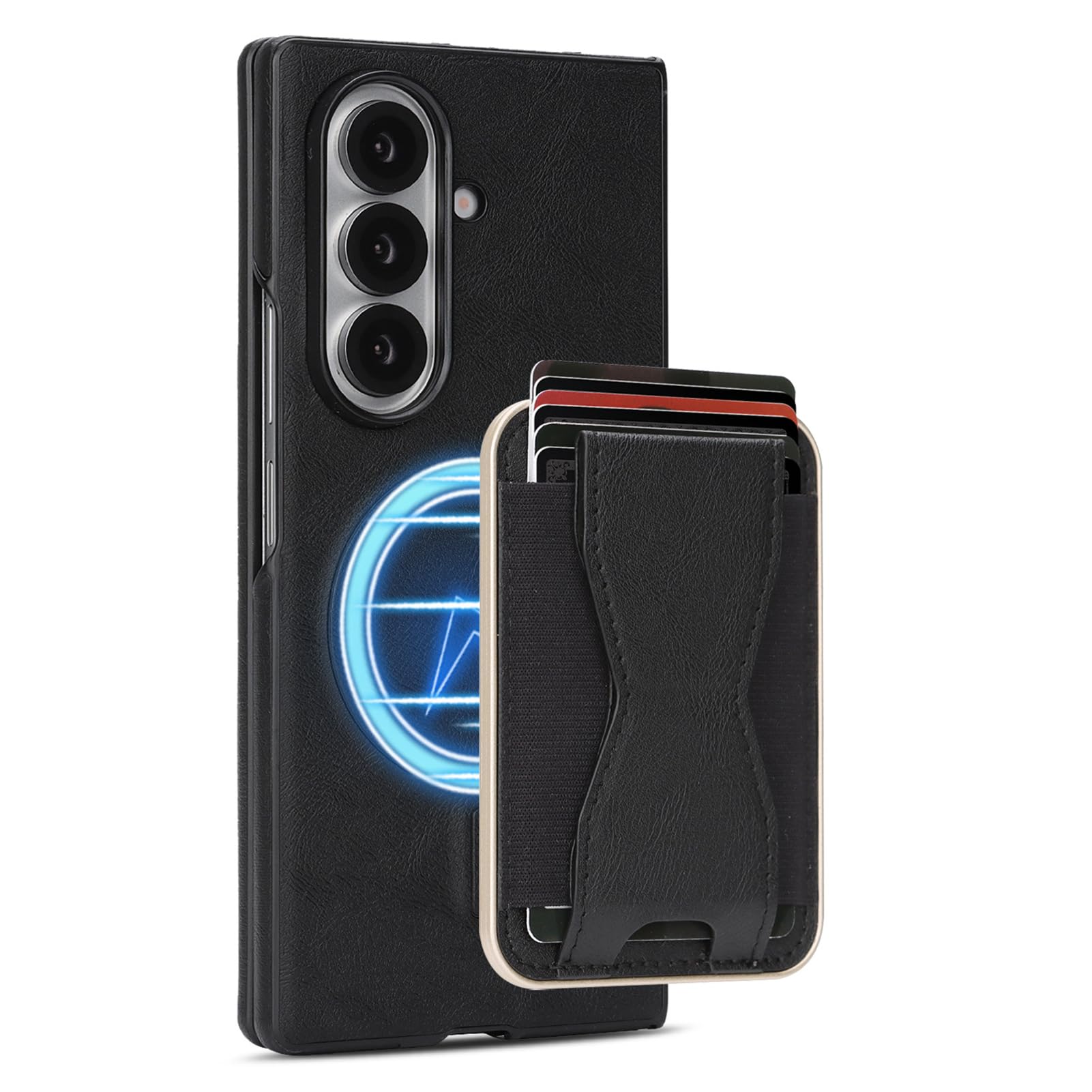 Skórzane etui do Samsung Galaxy Z Fold 8 Ultra, bezprzewodowe gniazdo na karty ładujące, zdejmowany i regulowany mini uchwyt, biznesowy styl magnetyczny przyssawka (czarny)
