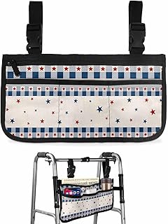 4th of July Star Wheelchair Side Bag Walker Bag, Country Star Independen Day Blue Wheelchair Accessories Armrest Pouch, Organizer Storage Bag for Walkers, Rollators, Scooters, 7.3'x13'