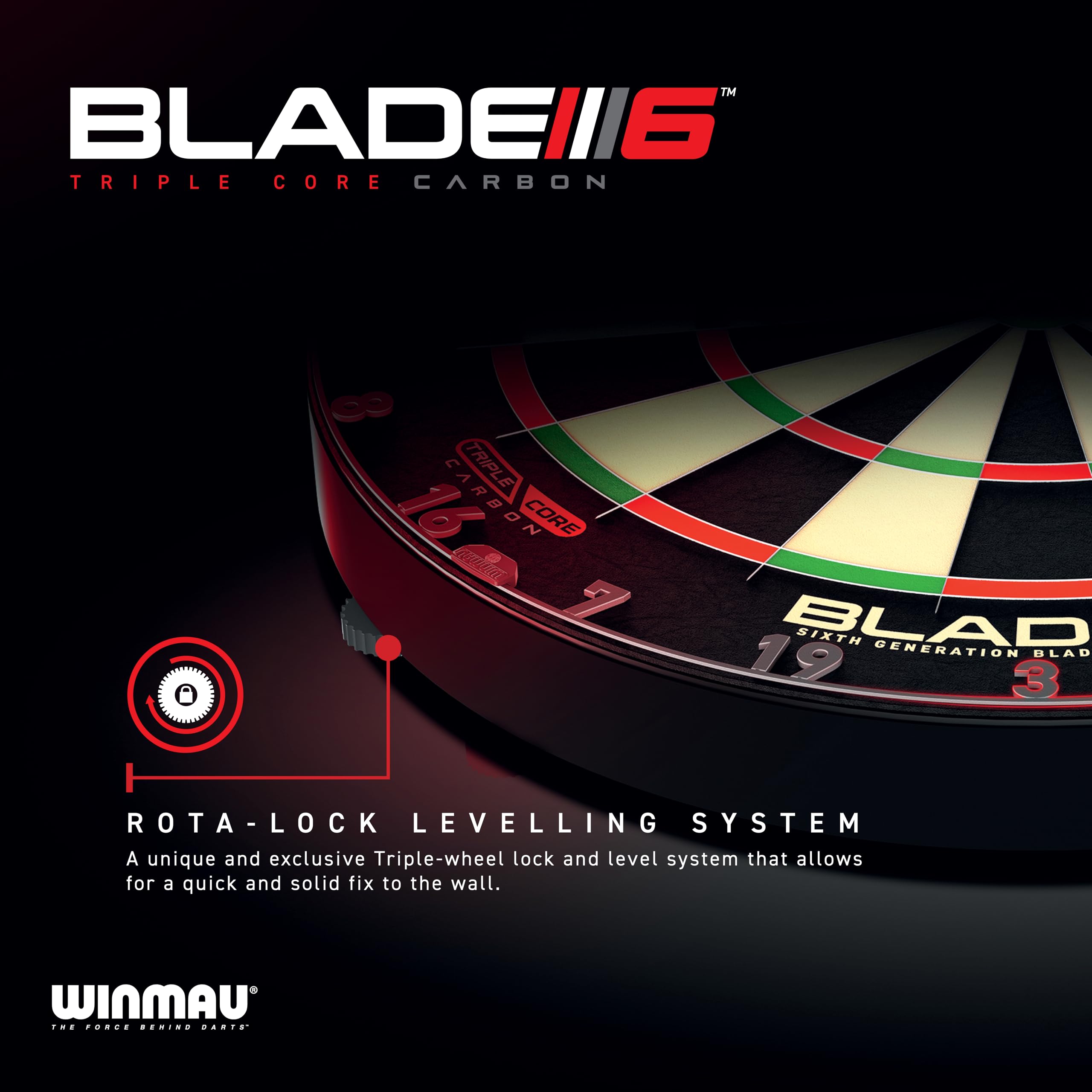 WINMAU Set di freccette Triple Core – Bersaglio professionale Winmau con bordo PDC, 2 set di freccette in acciaio, sistema Rota-Lock, bersaglio con sisal, ideale per tornei e allenamenti.