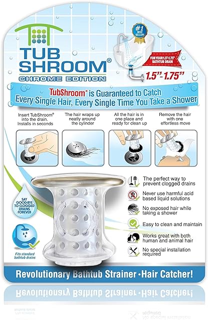 TubShroom Tub Drain Protector Hair Catcher Strainer Snare Silicone Chrome Standard