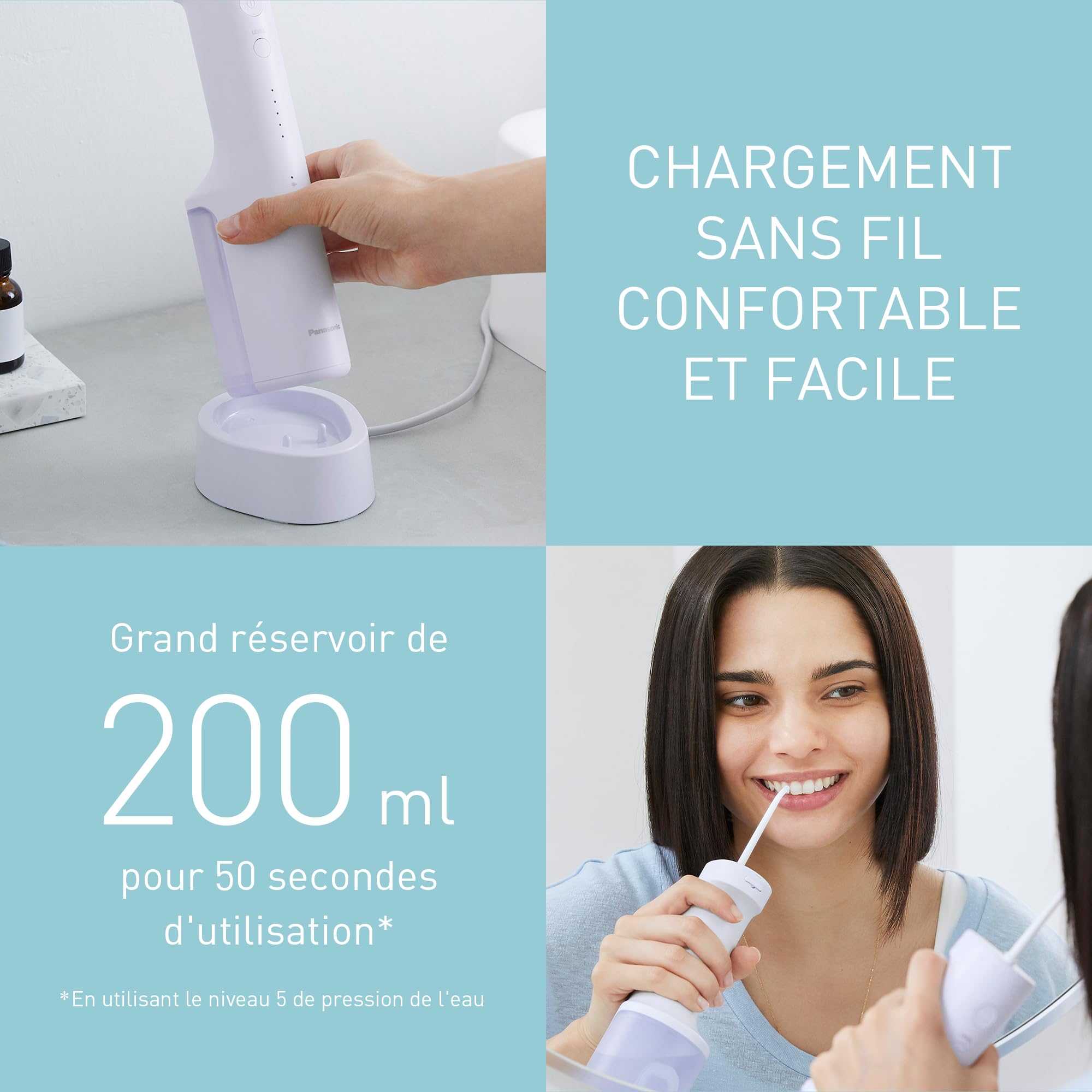 Panasonic Serie 300 Hydropulseur Dentaire Ultrasonique EW-DJ26-V303, Irrigateur Oral, 200ml, IPX7, 2 Embouts Standard, 5 Réglages de Pression, Accessoire de Voyage, Violet