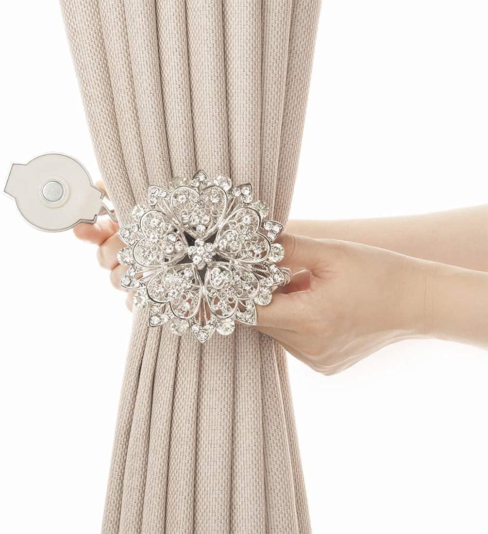 SUQ I OME Luxury Large Crystal Magnetic Curtain Tieback Flower Curtain Clips Buckle with Stretchy Wire Rope for Home Office Decoration(Silver,2Pieces) : Home & Kitchen