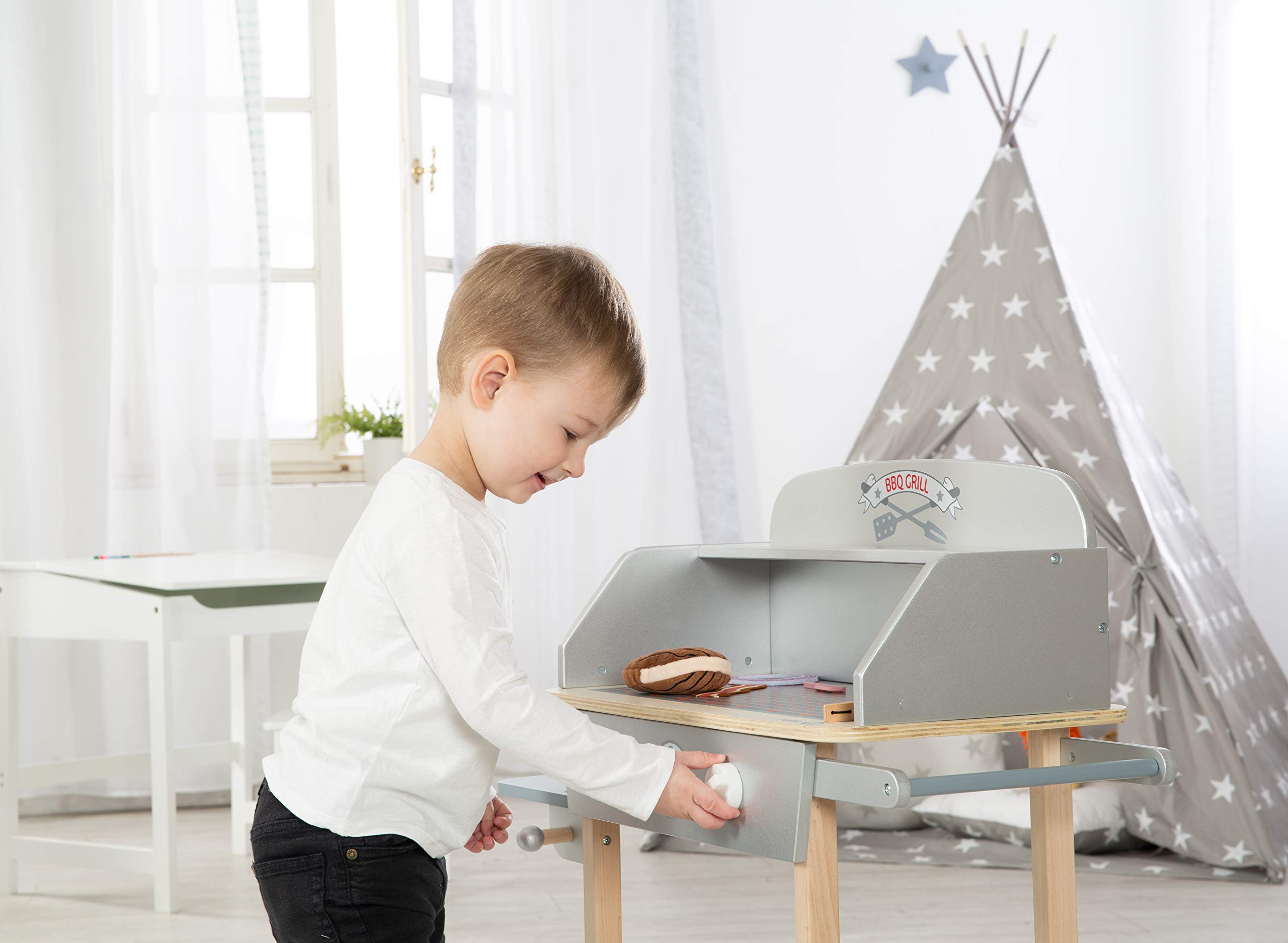 roba Jouet Barbecue en Bois pour Enfant - Cuisine Extérieure + 14 Pièces d'Accessoires et Ingrédients Burger en Peluche