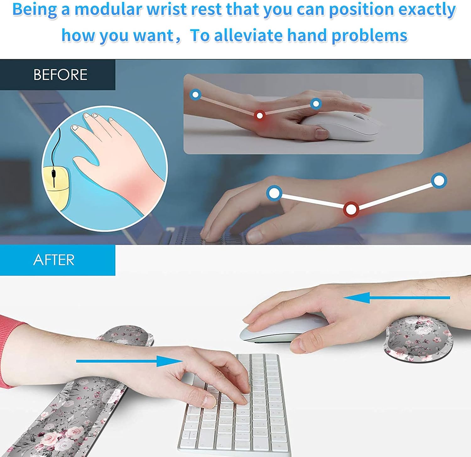Keyboard Wrist Rest & Mouse Pad & Mouse Wrist Rest Support & Coaster, Non Slip Rubber Base Wrist Support with Ergonomic Raised Memory Foam for Computer Laptop Home Office, Pink Rose Floral