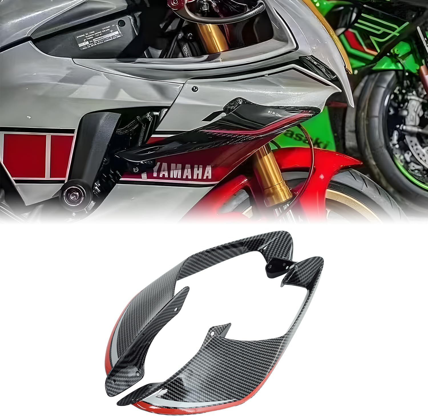 Fixed Spoilers for Yamaha R1 R6 2021 2022 2023 2024, Motorcycle Fairing for R1, Durable ABS Plastic Easy Installation of Yamaha R1 R6 Winglet (Carbon Fiber Red Lines)