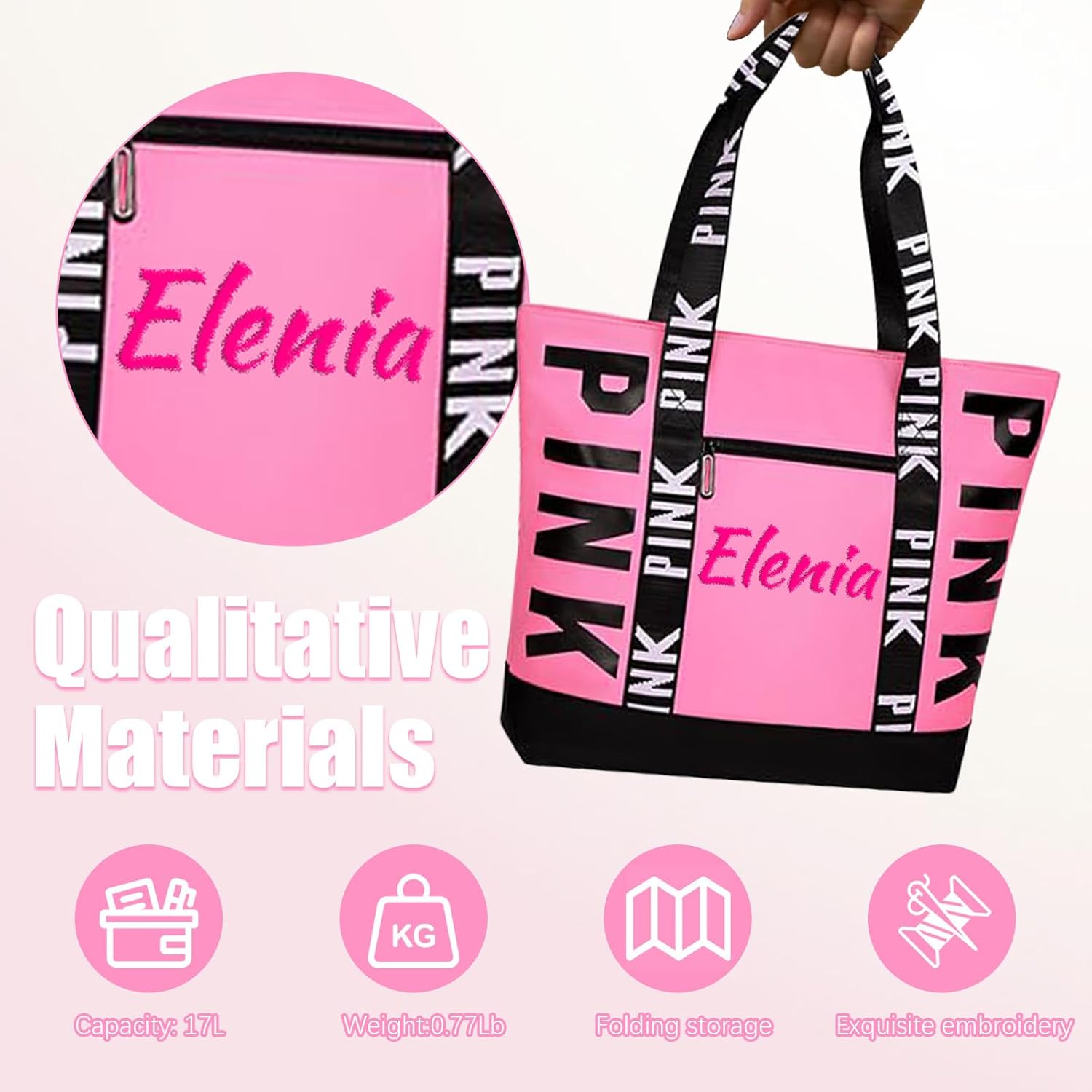 Zloris Personalized Pink Tote Bag Waterproof Travel Tote Bags for Women Large Beach Bag with Embroidered Name 17.3 * 4.3 * 13.8 IN - Image 3
