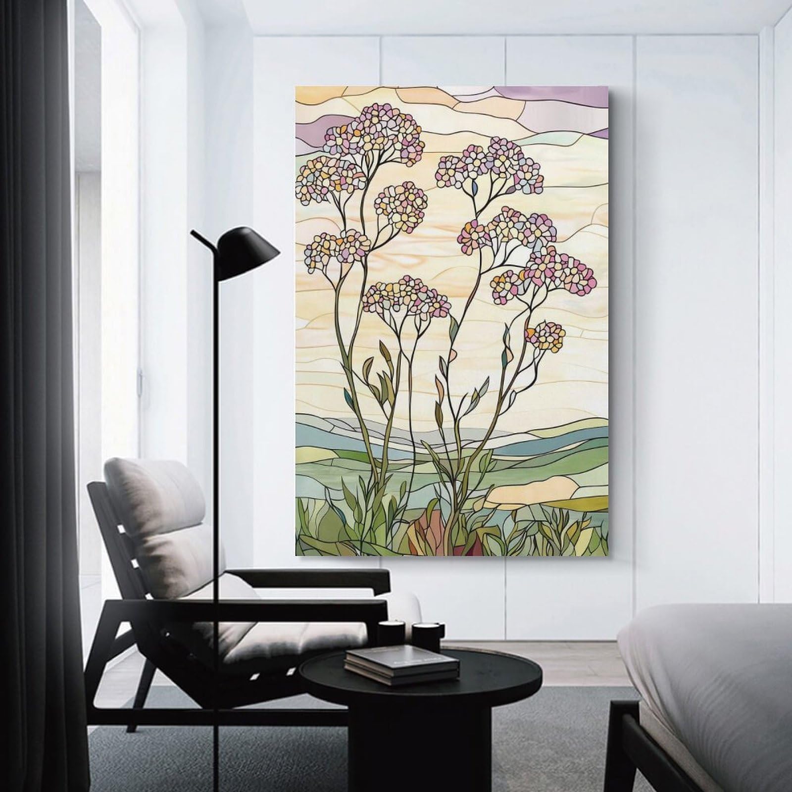 Junmoney Wall Picture Print Stained Glass Floral Landscape, 20x30inch(50x75cm), for Living Room, Lounge Or Sitting Room, A Home Accent with Warm Character