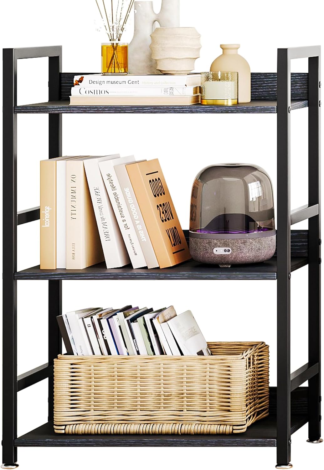 3 Tier Small Black Bookshelf, 120 lbs Weight Capacity, Small Black Bookcase for Small Spaces, Small Space Bookcase for Bedroom, Living Room, Home Office Black 3 tier