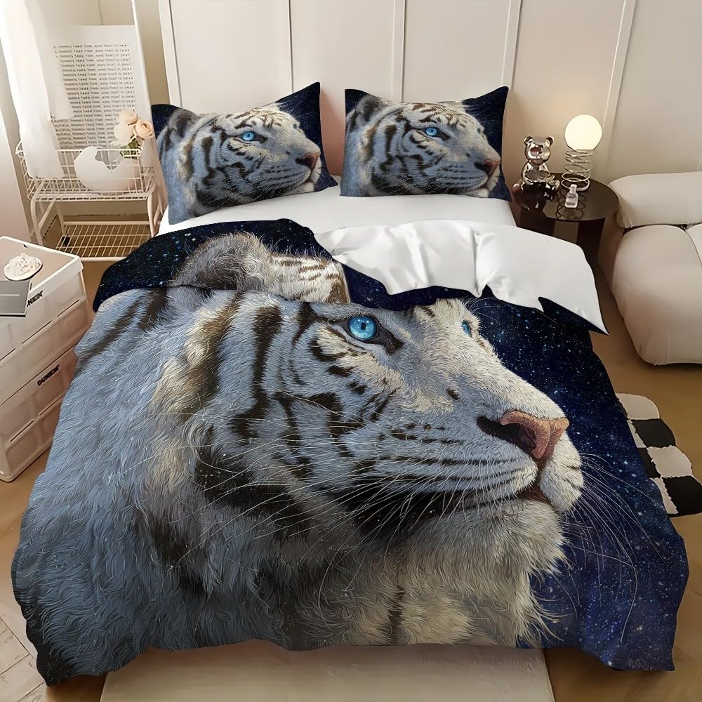 Housse de couette fermeture éclair dissimulée motif tigre blanc lit double