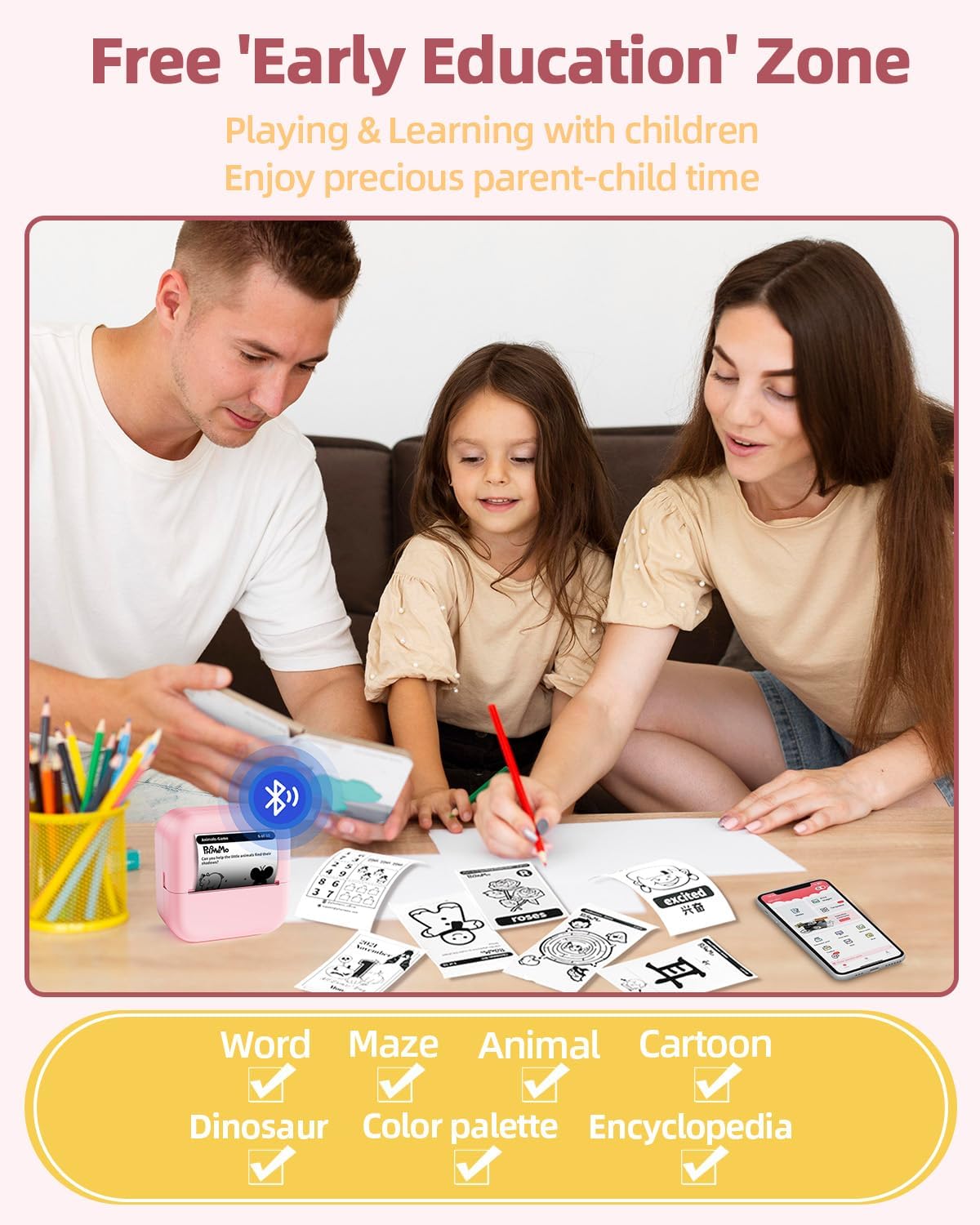 Zodzi Bluetooth Mini Printer, Thermal Mini Printer for Smart Phones & Pads, Portable Pocket Printers for Labels, Diary, Scrapbook, Web Page, 1D/QR Code, Photo, Monochrome, Pink - Image 3