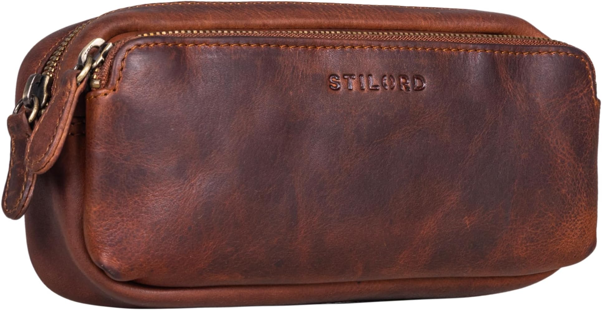 STILORD "Melissa" Large Pencil Case Vintage Leather Pouch Pen Case Ideal as Bag Organiser Make-Up Bag in Genuine Leather Colour:Kara - Cognac