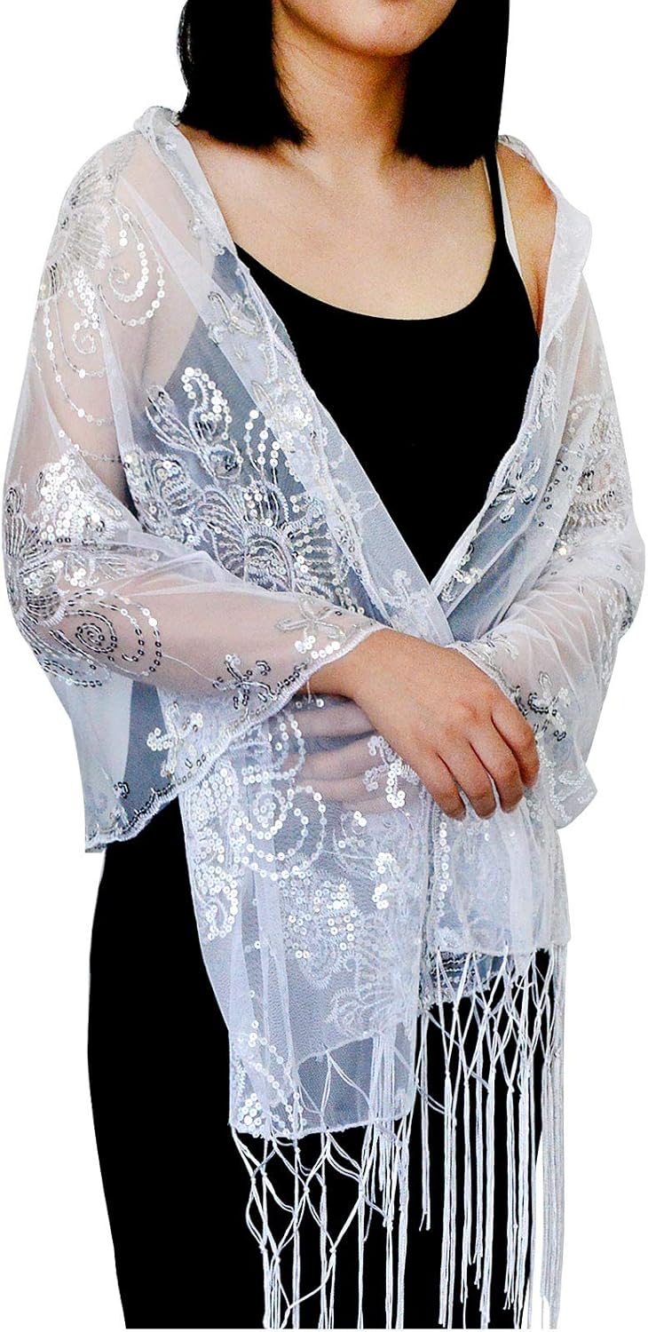 L'VOW Women's Glittering 1920s Scarf Mesh Sequin Wedding Cape Fringed Evening Shawl Wrap - Image 7
