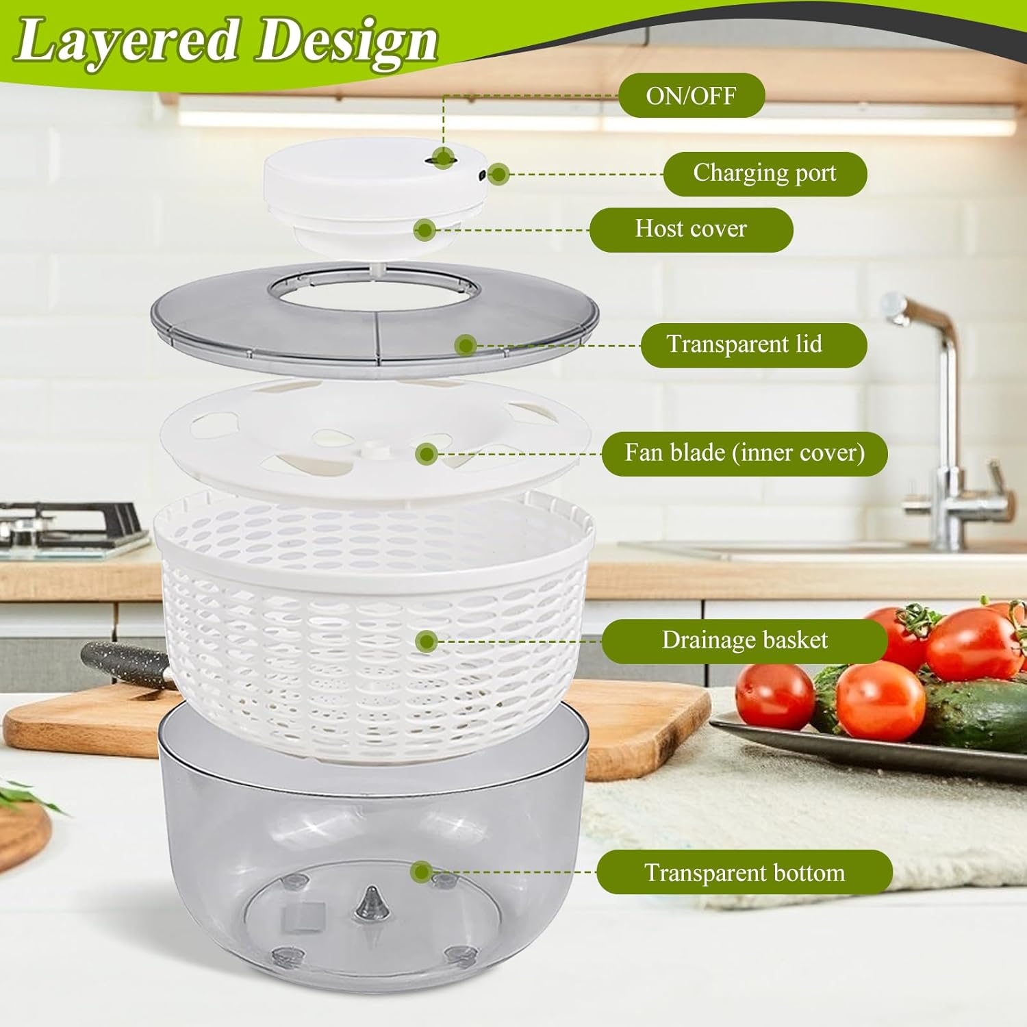 Electric Salad Spinner 6.3QT Large Capacity - Automatic Fast Drying Lettuce & Vegetable Spinner Serves 6-12 Persons with Squeeze Bottle, USB Rechargeable & Built-in Strainer​​
